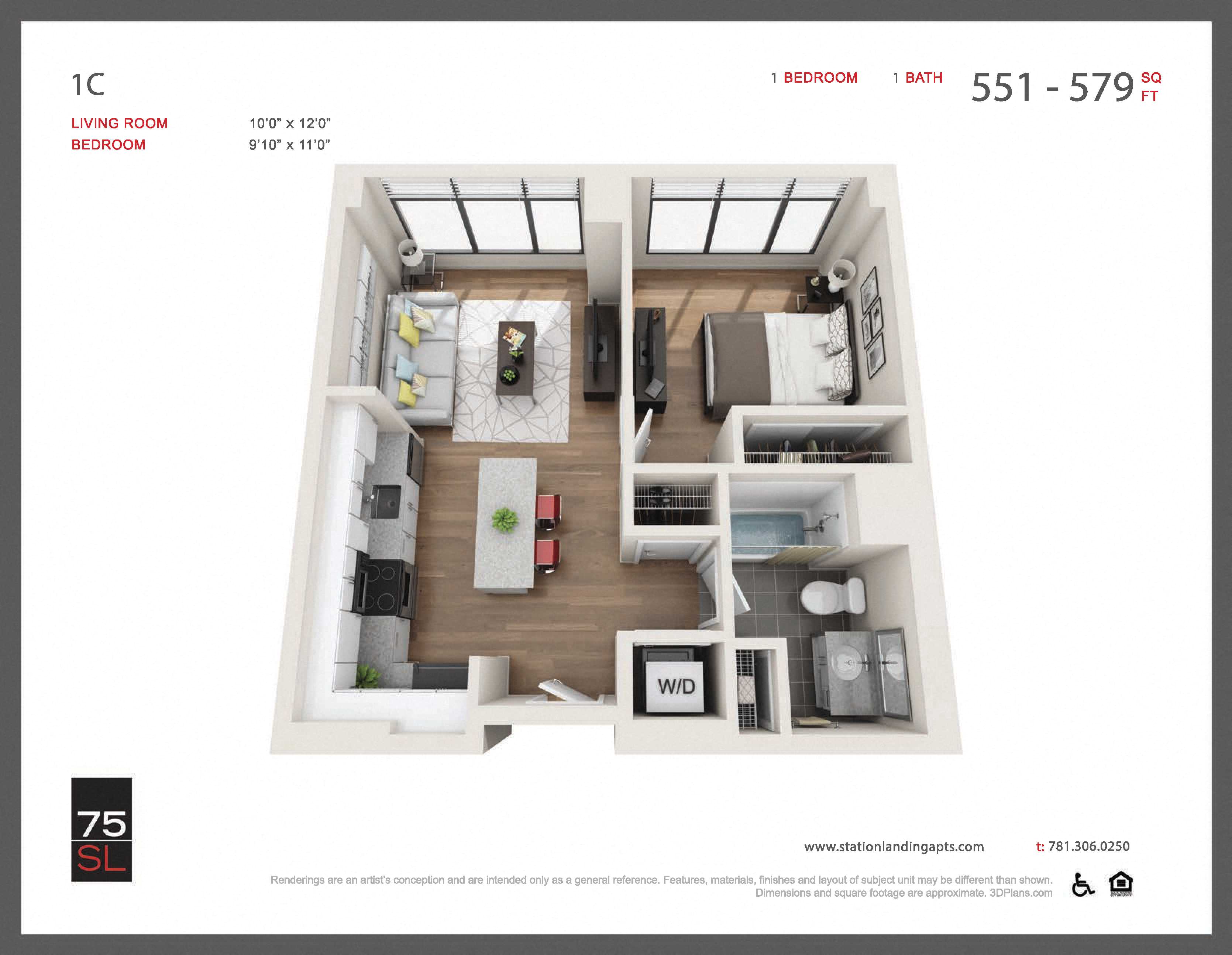 Floor plan for 1 bed, 1 bath, 579 sqft